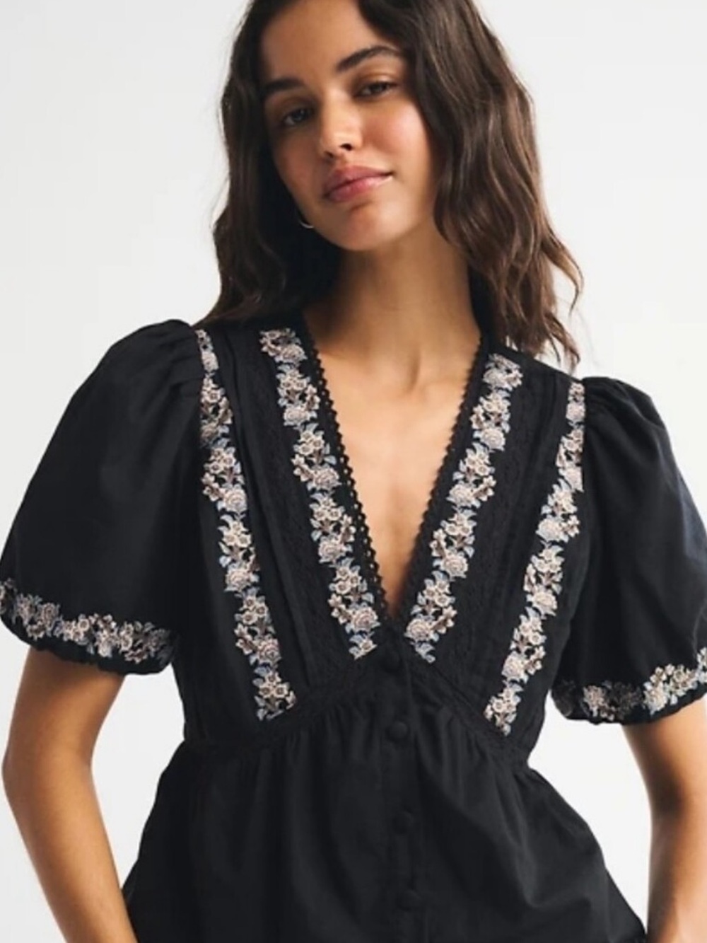 Black Embroidered V-Neck Puff Sleeve Dress